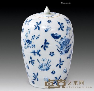 清 豆青釉青花花卉纹冬瓜罐 高33cm