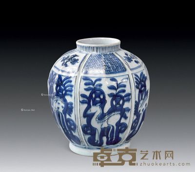 明 青花鹿纹棱形罐 高21.5cm