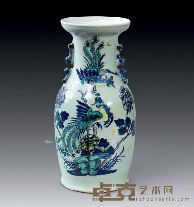 清 豆青釉青花加彩凤凰牡丹纹瓶 高43.3cm