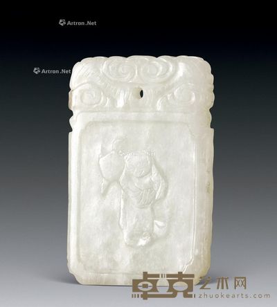 清 童子背桃白玉牌 3.5×5.3×0.5cm
