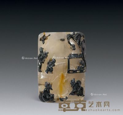 清 玛瑙巧雕子岗诗文牌 5.4×3.5×1.2cm