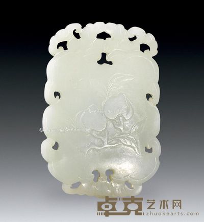 清 和田白玉双钱结桃纹牌 7.2×4.8×0.9cm