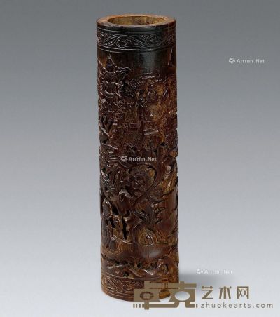 清 竹雕松石人物纹熏香筒 高17cm