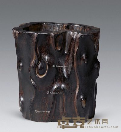 清 紫檀随形雕笔筒 高13.8cm