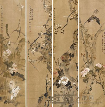 卫友筠 花鸟 171×41cm×4