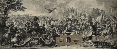 查尔斯·勒布伦 18世纪 马其顿国王亚历山大和印度王波罗斯的战役－世界之王的胜利无比荣耀 铜版画 29×60.5cm