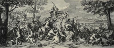 查尔斯·勒布伦 18世纪 马其顿国王亚历山大和印度王波罗斯的战役－真正的力量永远不败 铜版画
