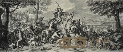 查尔斯·勒布伦 18世纪 马其顿国王亚历山大和印度王波罗斯的战役－真正的力量永远不败 铜版画 30×60cm