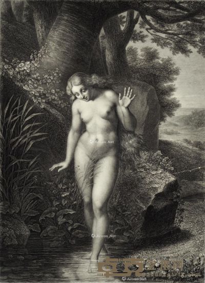西绍姆·朱利斯 19世纪 夏娃下水 法国铜版画 41.5×31.5cm