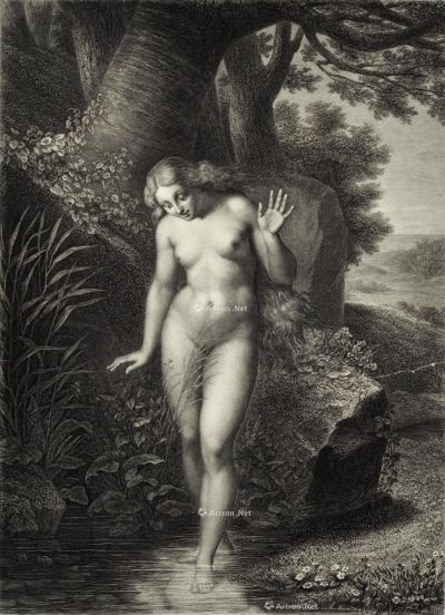 西绍姆·朱利斯 19世纪 夏娃下水 法国铜版画