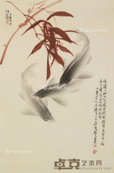 郭汝愚 红竹鲤鱼 69×45cm