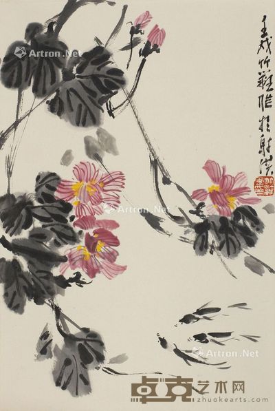孙竹篱 芙蓉鱼戏 67×44cm