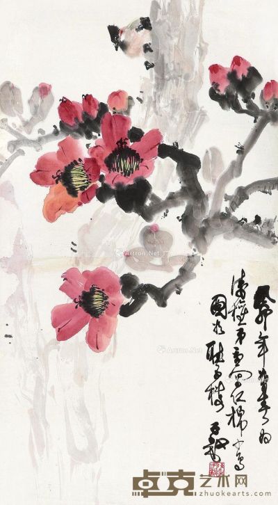 陈子毅 花卉“红棉小鸟” 69×39cm