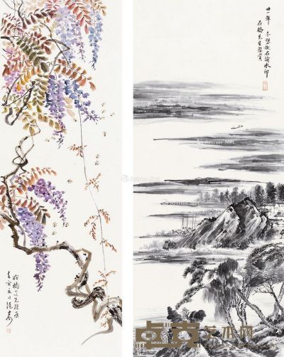 司徒奇 李研山 紫藤蜜蜂 山水 137×45cm；96×39cm