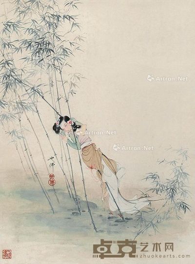 胡也佛 竹下仕女 42×31cm