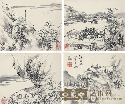 江兆申 山关村景 16×19cm×4