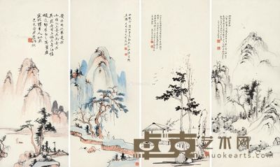 曾熙 山水 111×46cm×4