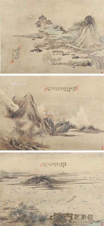 吴石僊 山水 32×44cm×3