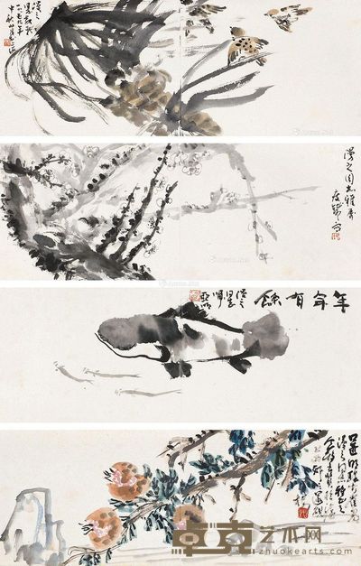 关山月 钱瘦铁 亚明 王个簃 花鸟册页 18×48cm×4