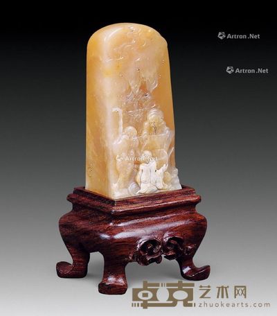 昌化田黄三老图浅雕章 （一件） 5.6×1.8×2.7cm