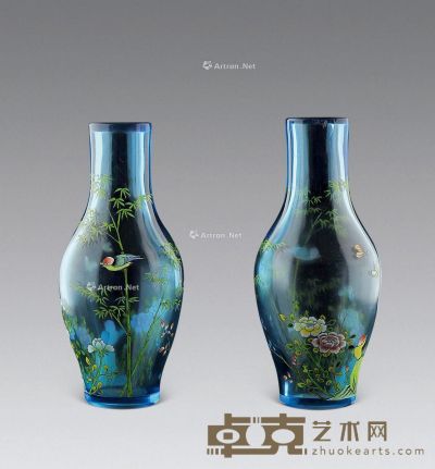 民国 料器花鸟瓶 （一对） 高17.8cm