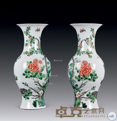 清代 五彩花卉观音瓶 （一对） 直径17cm；高35cm