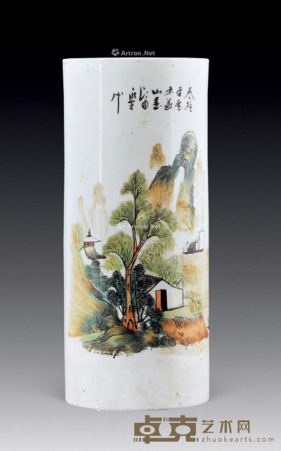 民国 浅绛山水帽筒 直径12cm；高28cm