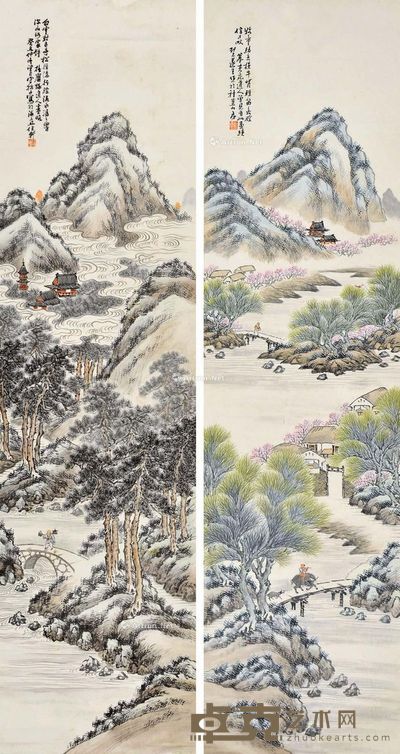 叶遂生 山水 149×39cm×2