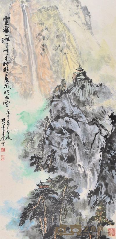 曹立庵 山亭观瀑 95×46cm
