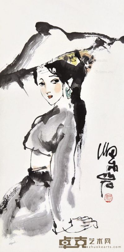 梁岩 仕女图 69×34cm