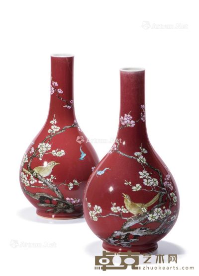 清乾隆 霁红釉粉彩喜鹊登梅纹胆瓶 （一对） 高31.6cm