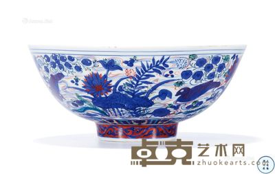 明隆庆 青花五彩荷塘鸳鸯通景图大碗 直径22.5cm