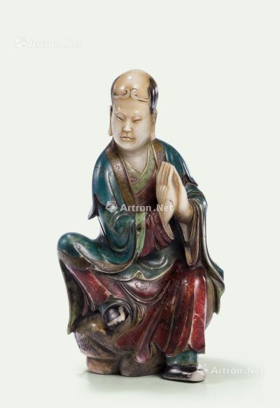 清中期 寿山石加彩雕罗汉座像