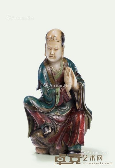 清中期 寿山石加彩雕罗汉座像 高18cm