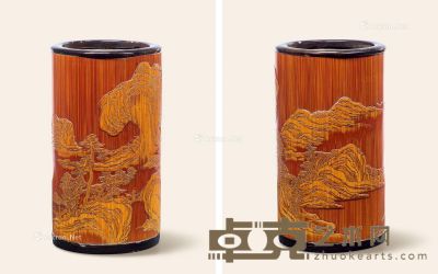 清中期 竹雕山水图笔筒 高12cm