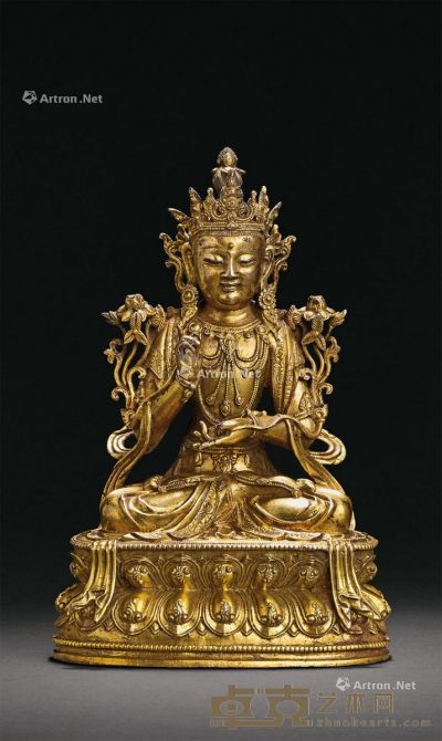 明早中期 铜鎏金文殊菩萨坐像 高20.2cm