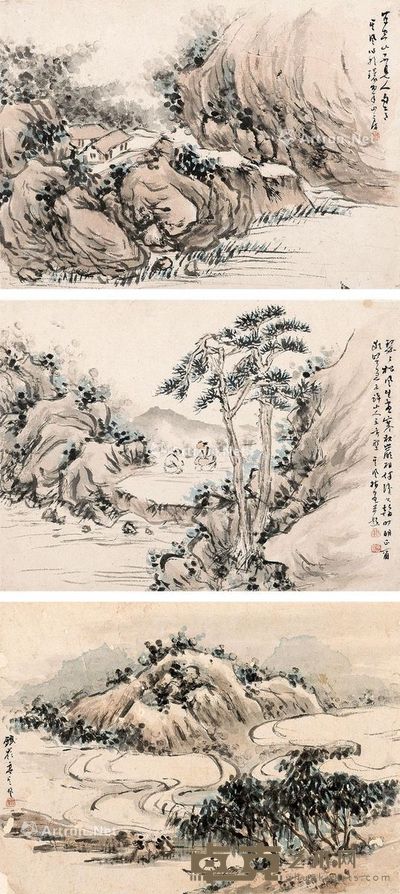 高其佩 山水 29×40cm×3