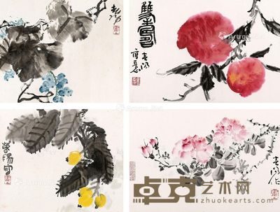 霍春阳 花卉四开 27×38cm×2;32×39cm×2