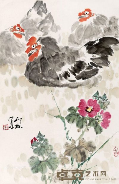 萧朗 蜀葵群鸡图 68×45cm