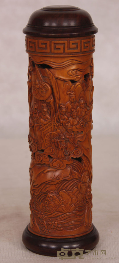 清 黄杨木雕山水人物香筒 高：22cm