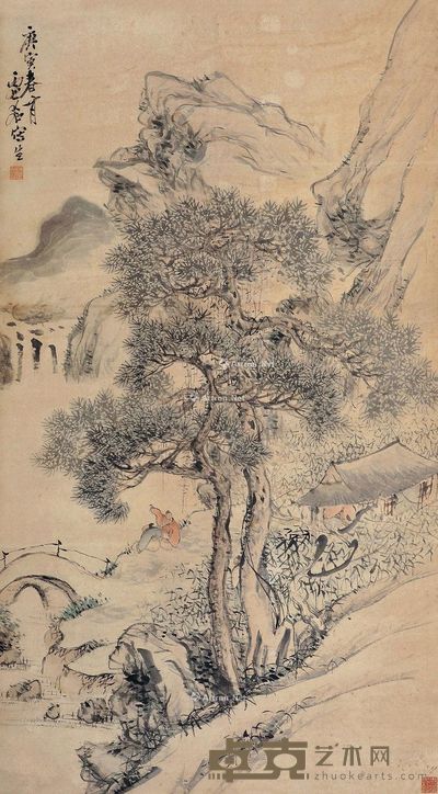 虚谷 松荫观瀑图 140×78cm