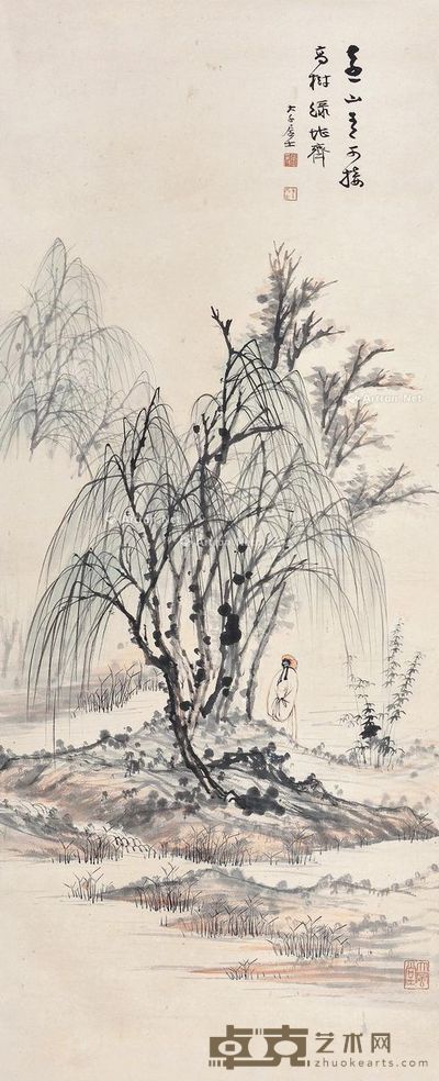 张大千 柳荫吟行图 115×47cm