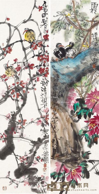 叶烂 花鸟 139×35cm×2