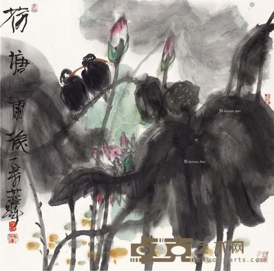 叶菩题 荷塘雨后二 69×69cm