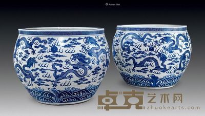 清嘉庆/道光 御制青花九龙闹海纹大缸 （二件） 直径62cm