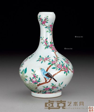 清光绪 粉彩花鸟纹蒜头瓶 高37cm