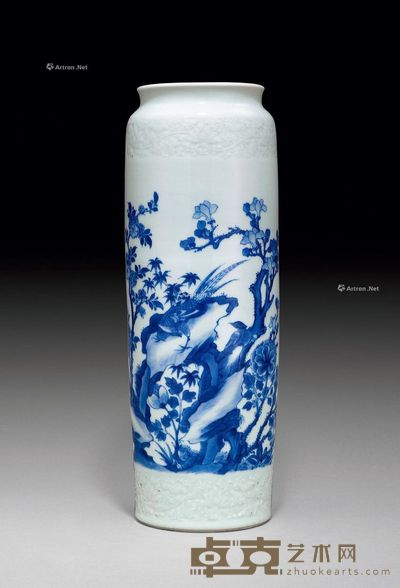 清康熙 青花锦鸡牡丹纹筒瓶 高42.5cm