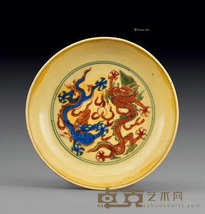 明万历 黄地青花矾红龙纹盘 直径14.5cm