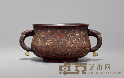 明晚期 铜缠枝莲托八宝纹兽耳炉 长15cm