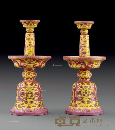 清光绪 黄地料彩海水云龙纹烛台 (二件) 高36cm